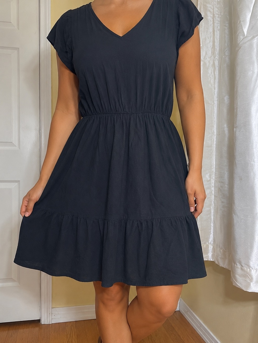 Women’s Black Flutter Sleeve Midi Dress | V-Neck | Elastic Waist | Tie Back